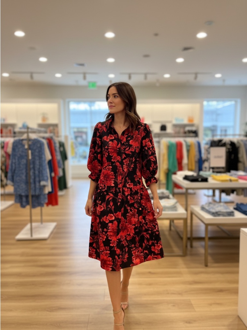 Chenault Black Midi Dress with Red Floral Print